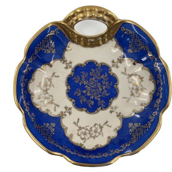 Oscar Schlegelmilch Gold Cobalt Handled Vintage Floral Porcelain Dish Plate - Picture 1 of 11
